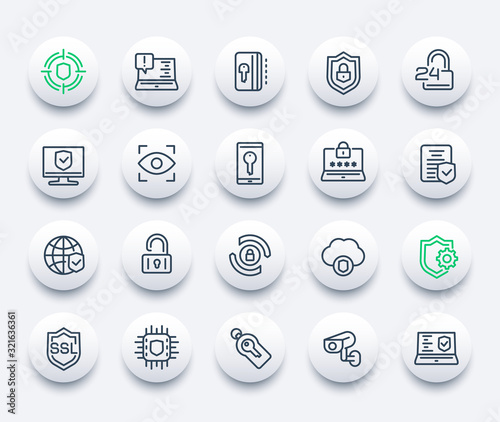 Security and protection icons, vector line set, secure connection, cybersecurity, privacy and protected data