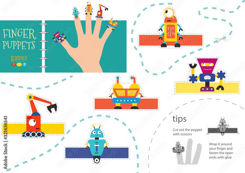 Vector robotics as finger puppets. Cut and glue riddle for preschool kids Vector robotics as finger puppets. Cut and glue riddle for preschool kids