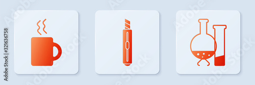 Set Stationery knife, Coffee cup and Test tube and flask chemical laboratory test. White square button. Vector