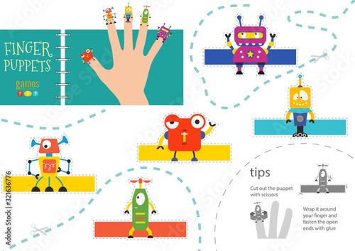 Vector robotics as finger puppets. Cut and glue activity for preschool kids