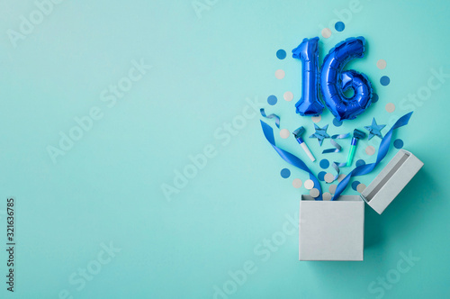 Valokuva Number 16 birthday balloon celebration gift box lay flat explosion