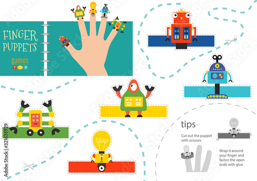 Finger puppet vector robots. Cut and glue educational worksheet for preschool or school kids