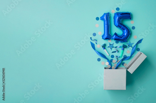 Number 15 birthday balloon celebration gift box lay flat explosion photo