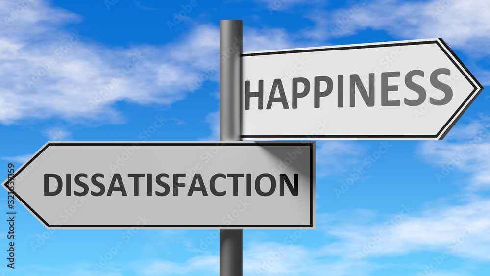 Dissatisfaction and happiness as a choice, pictured as words Dissatisfaction, happiness on road signs to show that when a person makes decision he can choose either option, 3d illustration Dissatisfaction and happiness as a choice, pictured as words Dissatisfaction, happiness on road signs to show that when a person makes decision he can choose either option, 3d illustration