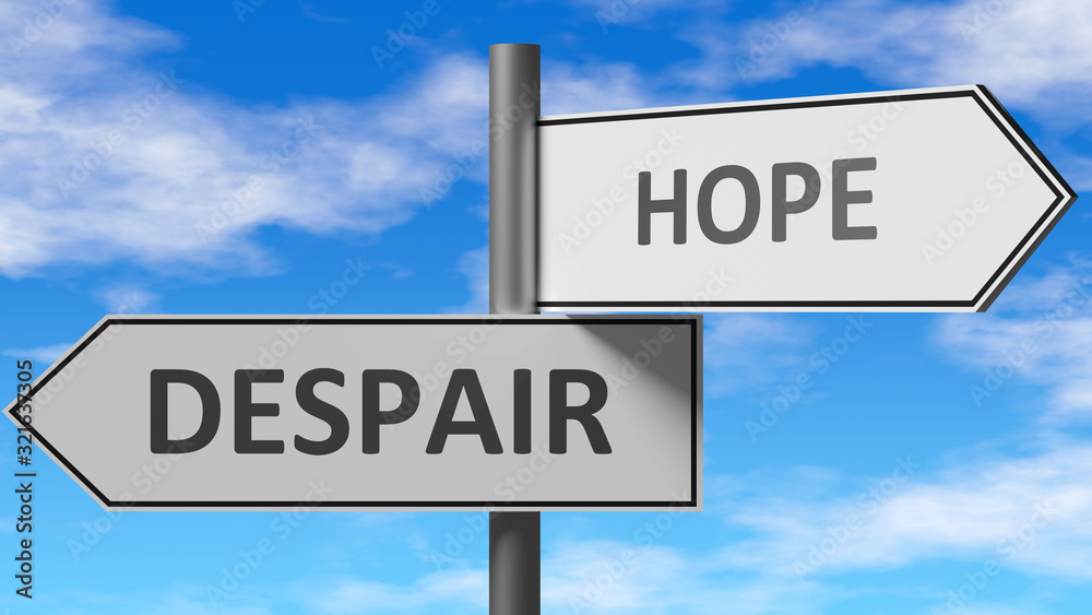 Despair and hope as a choice - pictured as words Despair, hope on road signs to show that when a person makes decision he can choose either Despair or hope as an option, 3d illustration Despair and hope as a choice - pictured as words Despair, hope on road signs to show that when a person makes decision he can choose either Despair or hope as an option, 3d illustration