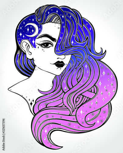 Hand drawn romantic portrait of young woman with stars and moon in her hair. Fantasy, magic, tattoo. Isolated vector illustration.