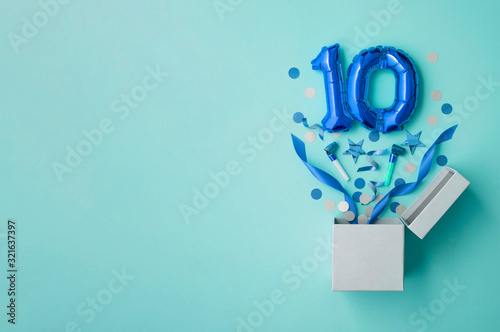 Number 10 birthday balloon celebration gift box lay flat explosion photo