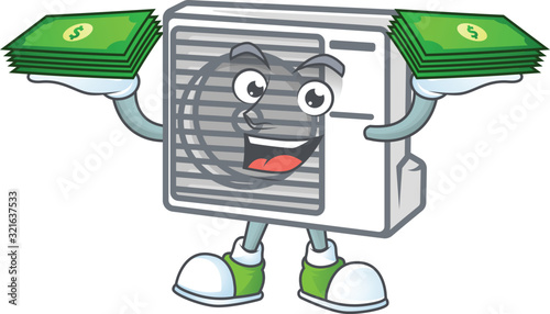 rich and famous split air conditioner cartoon character with money on hands