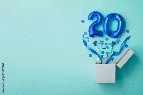 Number 20 birthday balloon celebration gift box lay flat explosion photo