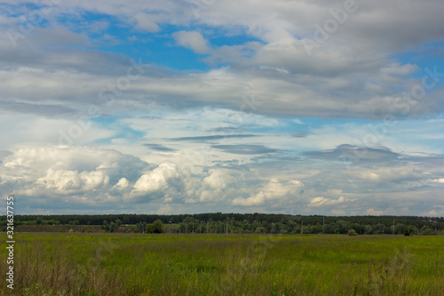 many cumulus white clouds in a bright blue summer sky over agricultural fields  landscape