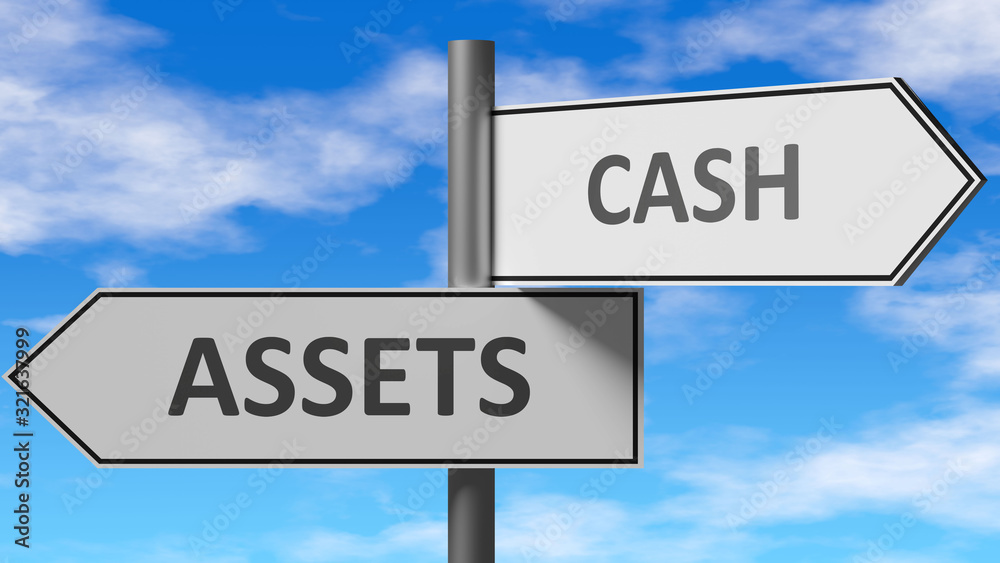 Assets and cash as a choice - pictured as words Assets, cash on road signs to show that when a person makes decision he can choose either Assets or cash as an option, 3d illustration Assets and cash as a choice - pictured as words Assets, cash on road signs to show that when a person makes decision he can choose either Assets or cash as an option, 3d illustration