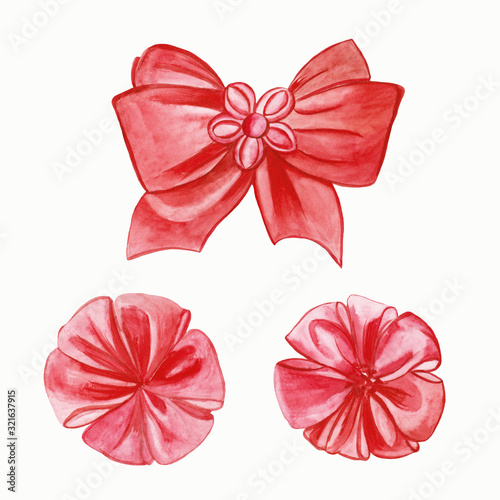 Set of festive red satin bows of various shapes and textures, for decoration of gifts, clothes, design of greeting cards for holiday and wedding invitations.Elements are painted by hand in watercolor.