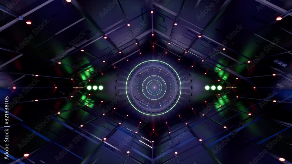 Neon metal tunnel abstract digital science fiction futuristic background. 3d abstract background. Abstract triangle spaceship corridor. Black background. Sci fi station. Abstract art. 4k