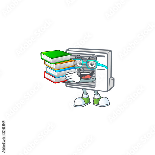 A brainy clever cartoon character of split air conditioner studying with some books