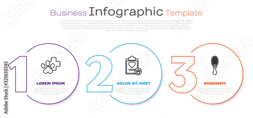 Set line Veterinary clinic symbol, Clipboard with medical clinical record pet and Hair brush for dog and cat. Business infographic template. Vector
