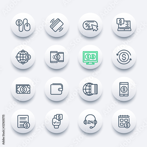 Payments, internet banking and online money transfer line icons, vector