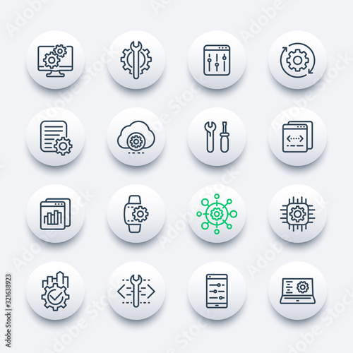 development, configuration, hardware, settings line icons set