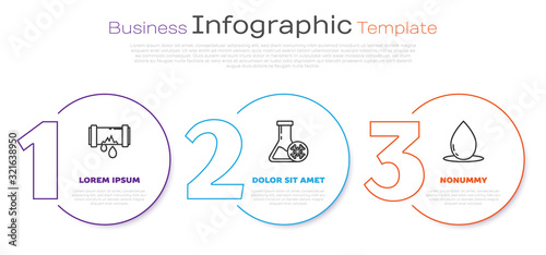 Set line Broken metal pipe with leaking water, Antifreeze test tube and Oil drop. Business infographic template. Vector
