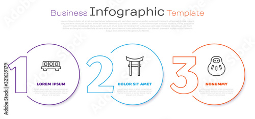 Set line Sushi on cutting board, Japan Gate and Maneki neko cat. Business infographic template. Vector