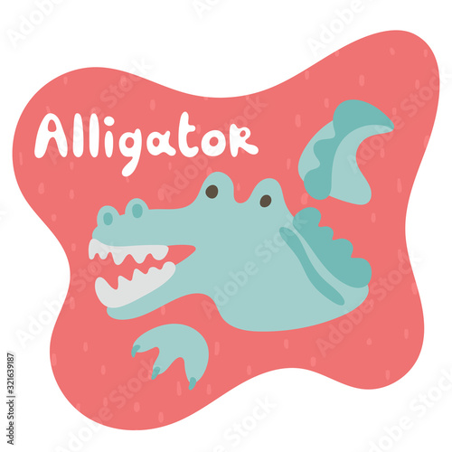 A little dangerous baby crocodile hunts out of the water and shows all his teeth. Kid alligator in flat style. Text alligator in an red speech bubble. For cards, animal ABC, kids room, education games