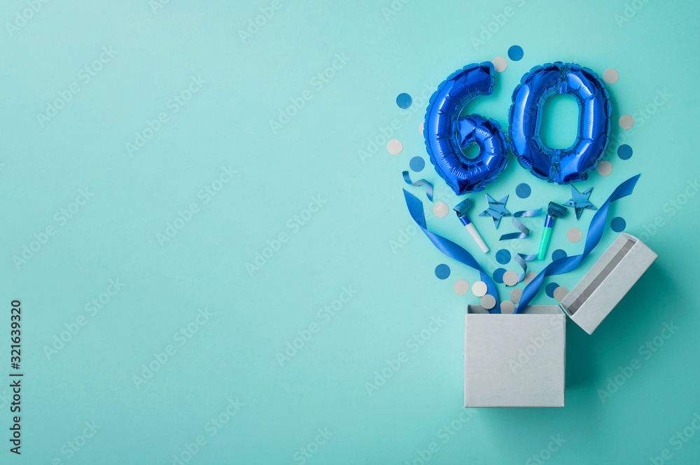 Number 60 birthday balloon celebration gift box lay flat explosion - obrazy, fototapety, plakaty 