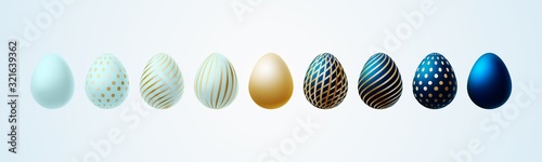 Easter egg Bright modern painted luxury egg for Easter Set of turquoise blue gold elegant colored egg with different pattern on a light background Spring Easter sale card design element Vector icon