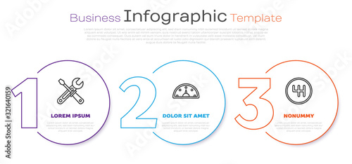 Set line Screwdriver and wrench tools, Speedometer and Gear shifter. Business infographic template. Vector