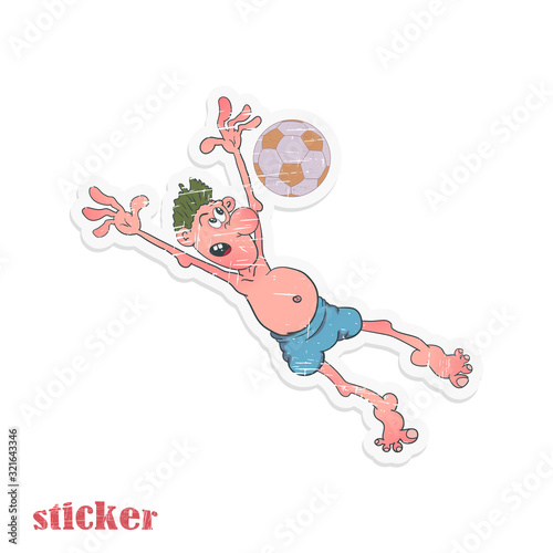 Cartoon goalkeeper catches a soccer ball. Vector illustration in the form of a retro sticker.