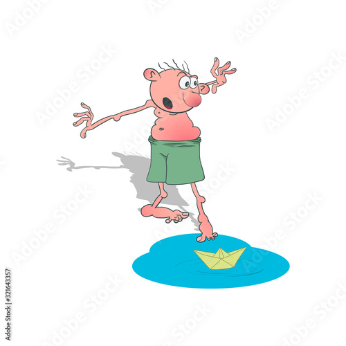 A cartoon boy in shorts is trying to get a paper boat out of a puddle. Vector illustration.