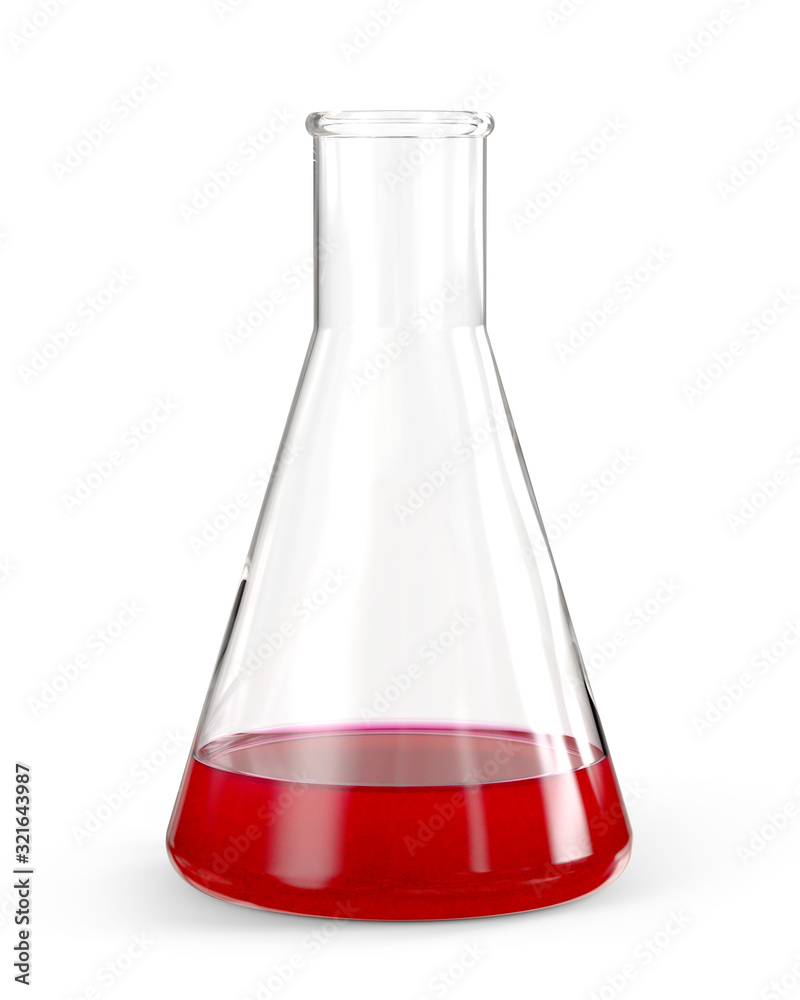 Erlenmeyer Flask. Glass Conical Lab Container Partially Filled by Red Translucent Liquid Suspension. 3D Render Isolated on White Background. Erlenmeyer Flask. Glass Conical Lab Container Partially Filled by Red Translucent Liquid Suspension. 3D Render Isolated on White Background.