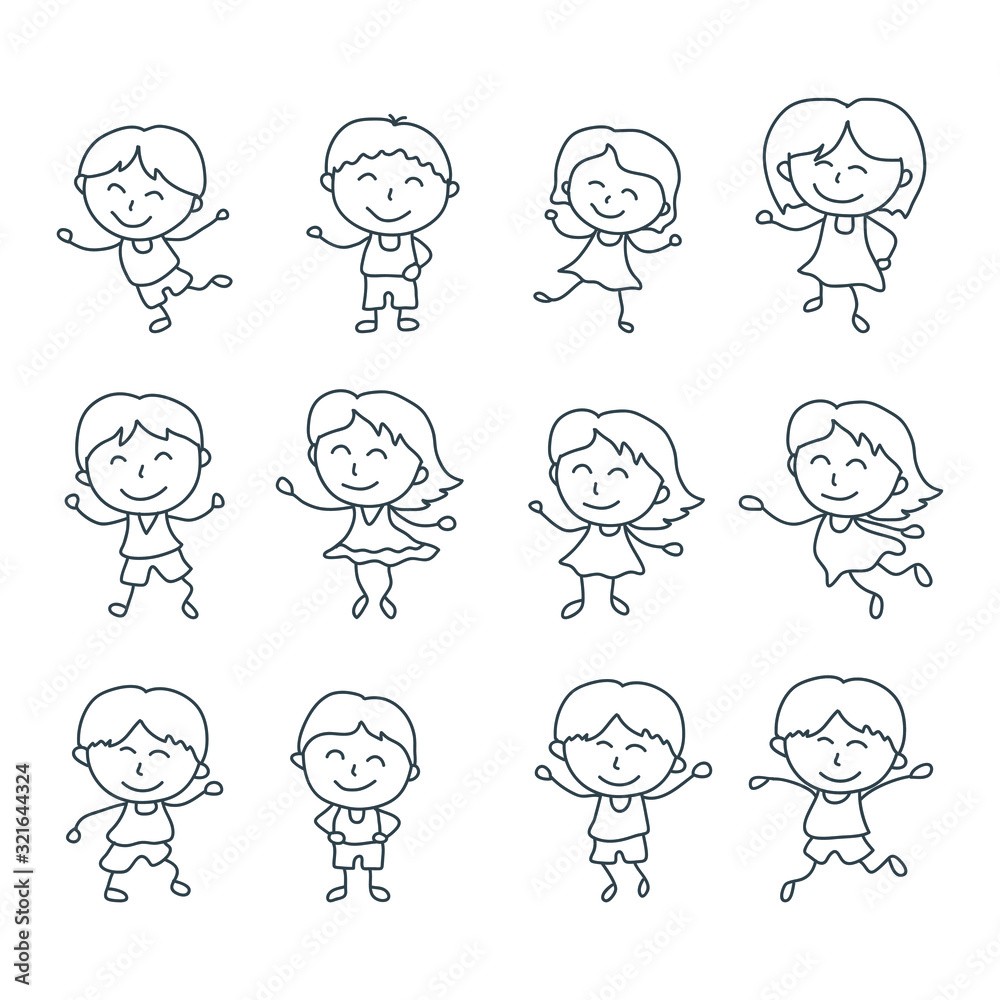 Happy kid cartoon doodle vector collection. various style with line design