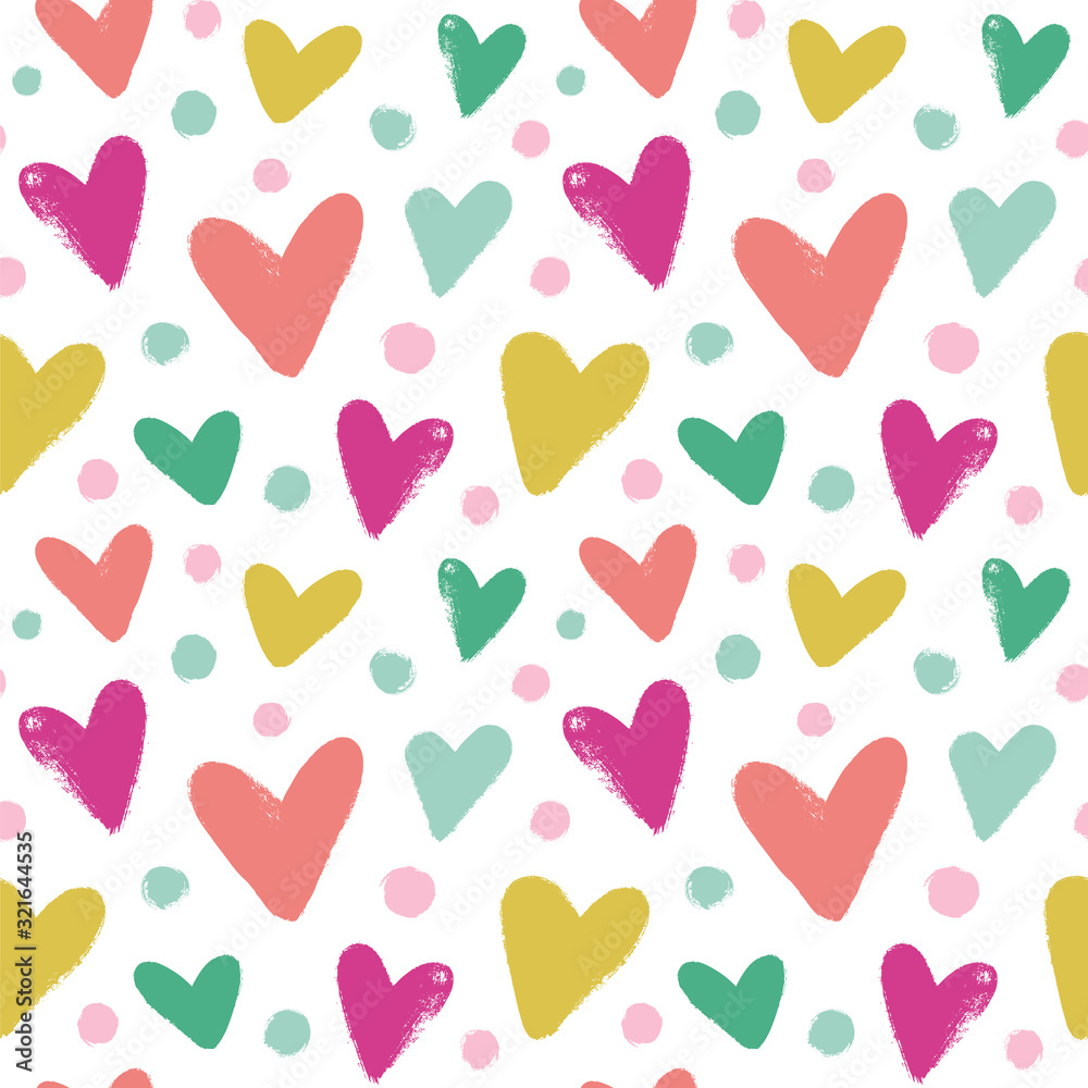 Seamless vector pattern with hand drawn hearts and dots.