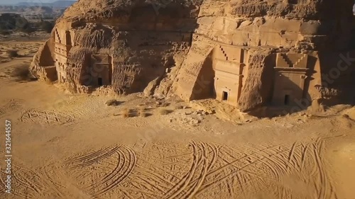 Nabatean tomb in Madain Saleh archeological site, Saudi Arabia. (aerial photography) photo