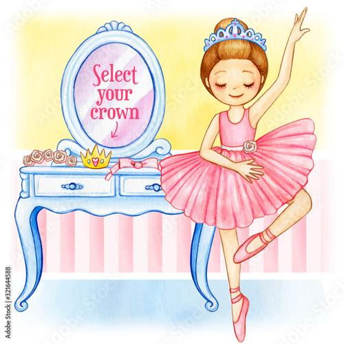 Watercolor princess ballerina with changeable crown and dressing table
