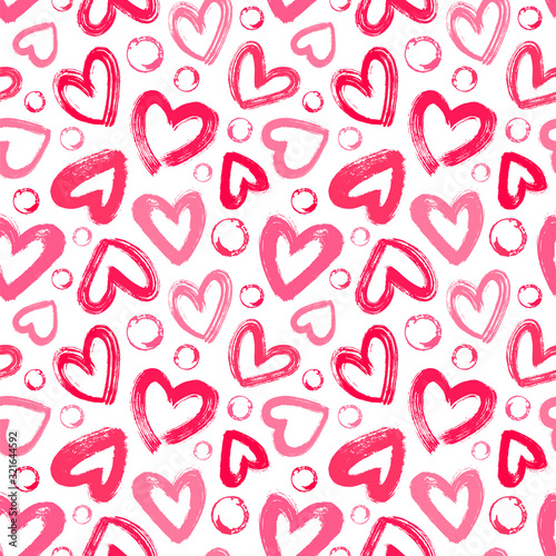 Seamless vector pattern with red and pink hearts. Valentine s Day background with hearts and circles.