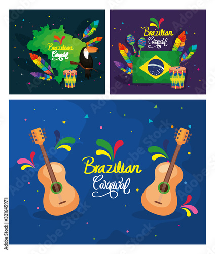 set of poster carnival brazil with decoration vector illustration design