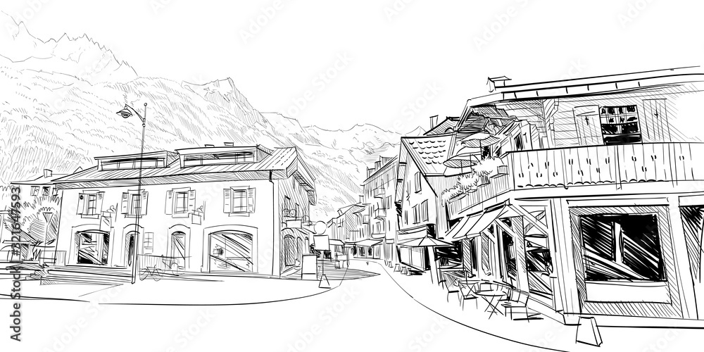 Chamonix Mont Blanc. France. Hand drawn sketch. Vector illustration.