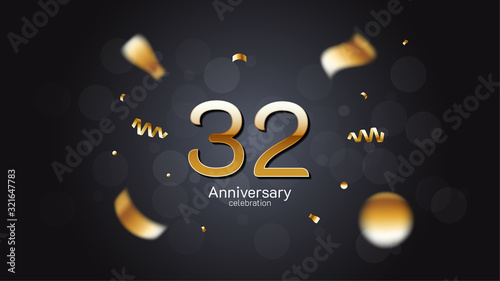 32nd anniversary celebration Gold numbers editable vector EPS 10 shadow and sparkling confetti with bokeh light black background. modern elegant design for wedding party or company event decoration