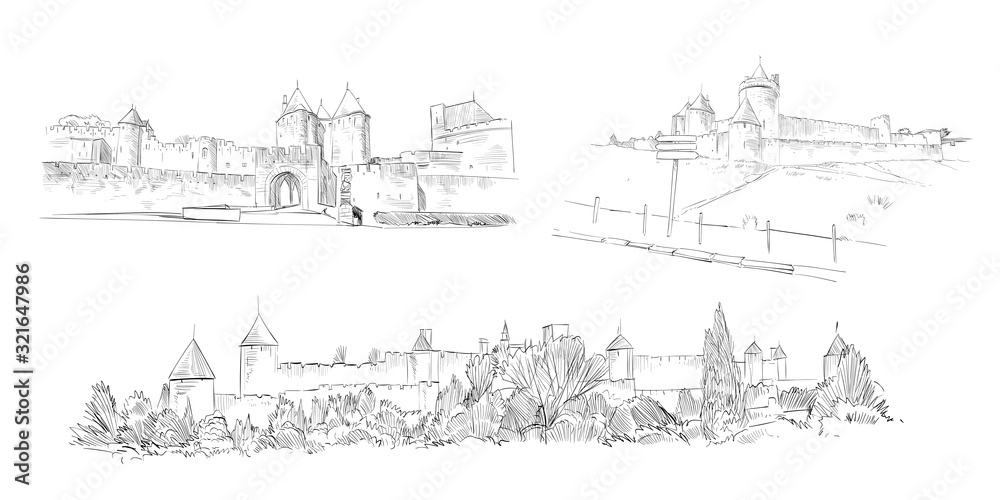 Carcassonne Fortress. France. Hand drawn sketch. Vector illustration.