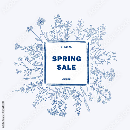 Spring sale botanical banner with square floral frame.