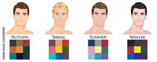 Seasonal color analysis. Set of vector hand drawn men with different types of male appearance. Best colors for Autumn, Spring, Summer, Winter