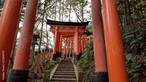 Walking by the Torii path lined with thousands of torii in the Fushimi Inari Taisha Shrine in Kyoto.