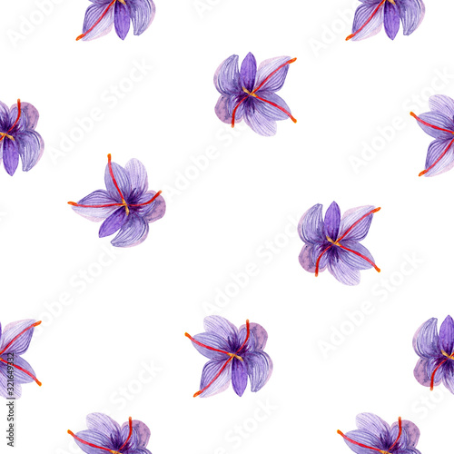 watercolor purple flower saffron seamless pattern on white background. For fabric, textile, wrapping, scrapbooking, wallpaper