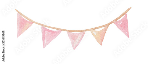 Watercolor cute pink triangle flags garland for holiday and birthday party isolated on white background. Banner for baby shower invitations and cards