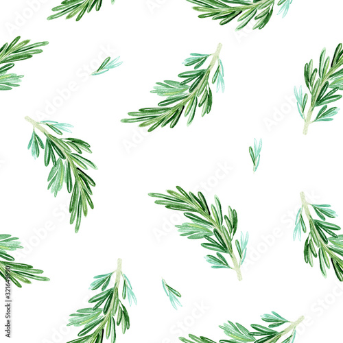 green rosemary branches watercolor seamless pattern on white background
