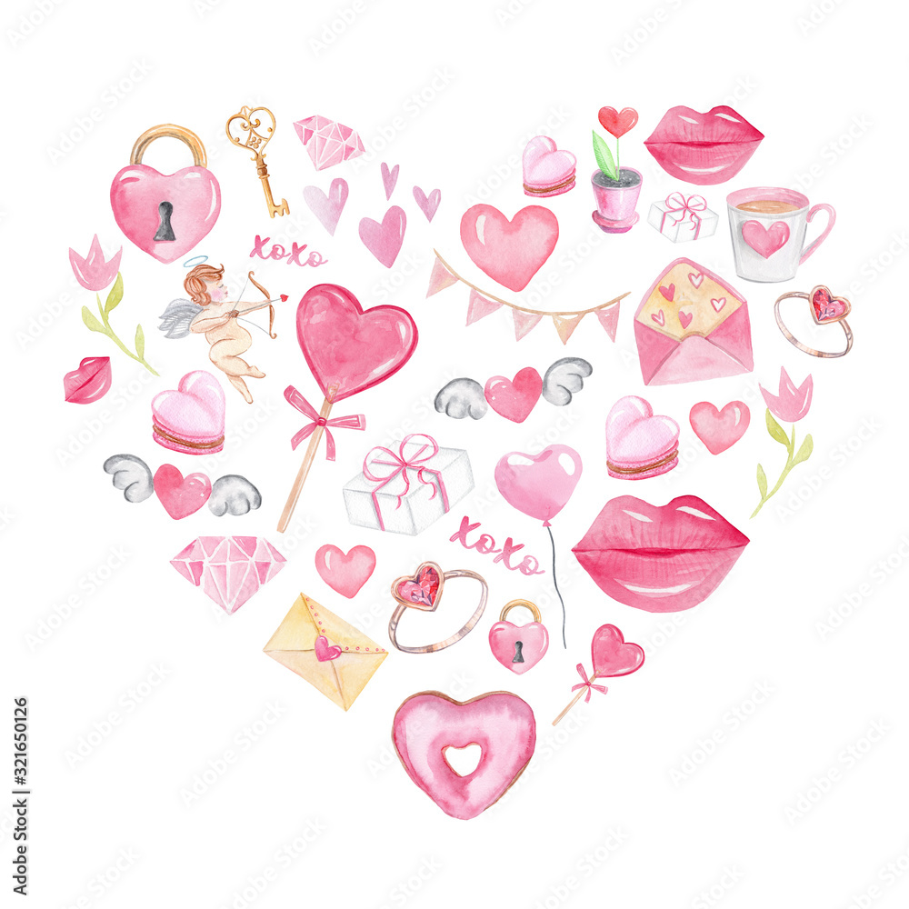 watercolor heart with many little pink elements for valentines day on white background. Hand drawn greeting card