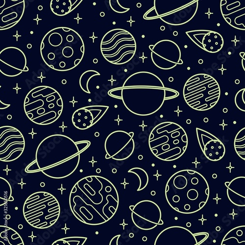 Night Sky. Outline Universe. Thin Line Stroke Planets, Moon. Minimalistic icons. Neon color graphic vector seamless pattern. Simple design. Trendy illustration. For Kids room Wallpaper or ceiling