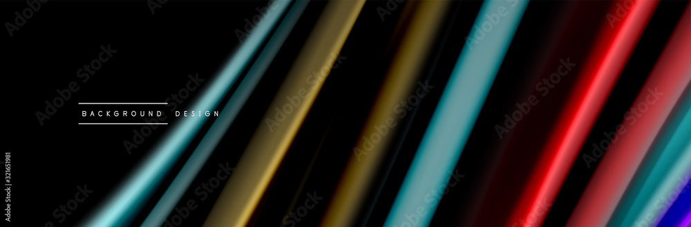 Silk and smooth flow wave poster design. Color waves, liquid style lines and shapes in black color background Silk and smooth flow wave poster design. Color waves, liquid style lines and shapes in black color background