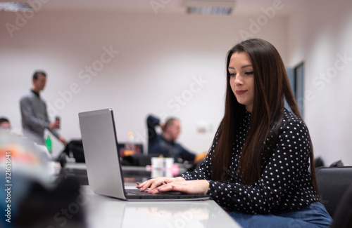 Young adult caucasian brunette woman sitting in an office environment looking at the laptop doing work. Multiple people in the background during a meeting. © Antonio