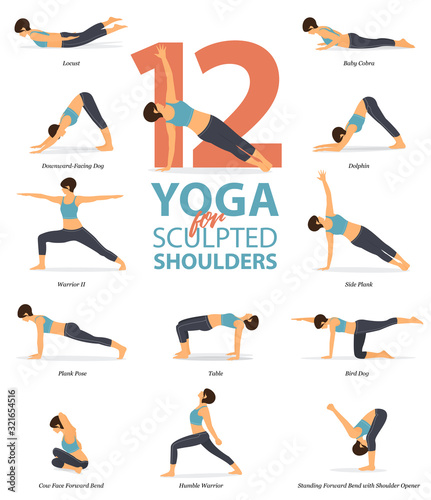 Infographic of 12 Yoga poses for sculpted shoulders in flat design. Beauty woman is doing exercise for body stretching. Set of yoga sequence Infographic.  Cartoon Vector art and Illustration.